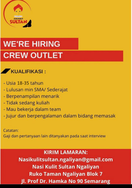 Lowongan Kerja Crew Outlet Di Nasi Kulit Sultan LokerSemar Id