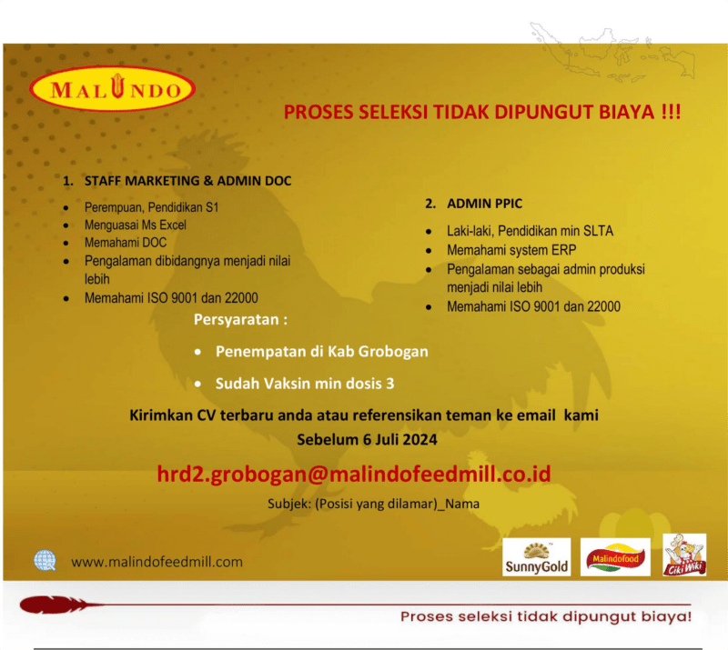 Lowongan Kerja Staff Marketing Admin DOC Admin PPIC Di PT Malindo