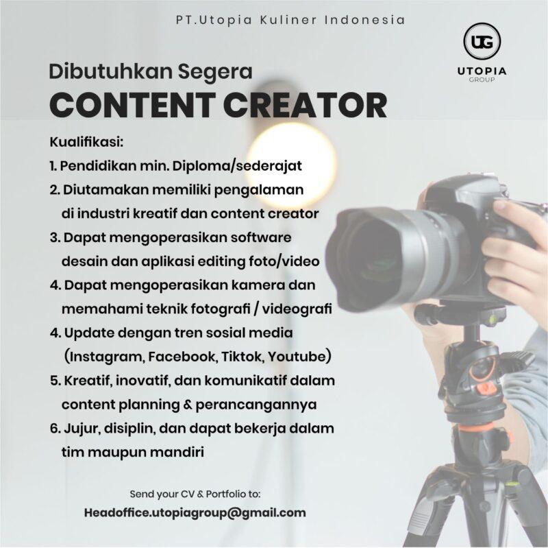 Lowongan Kerja Content Creator - Digital Marketing - Asisten Manager