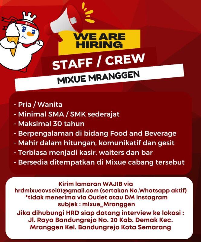 Lowongan Kerja Staff/Crew Di Mixue Mranggen - LokerSemar.id