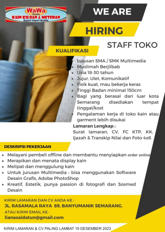 Lowongan Kerja Staff Toko Di Wawa Textile Lokersemar Id